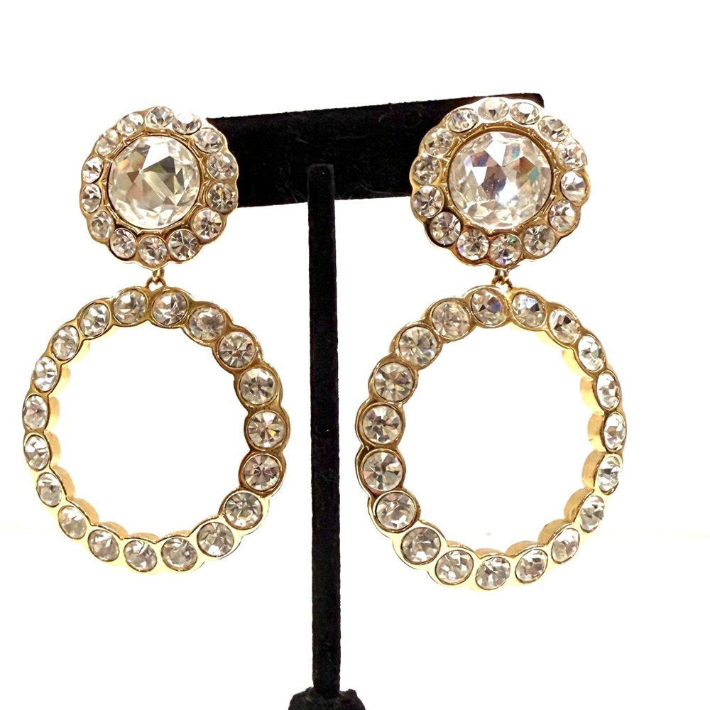 Christian Dior Vintage Gold Plated & Silver Crystal Large 'Runway' Hoop Earrings